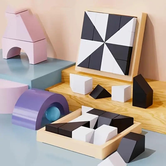 Wooden Hidden Building Blocks Puzzle Game with 40 Double Sided Cards