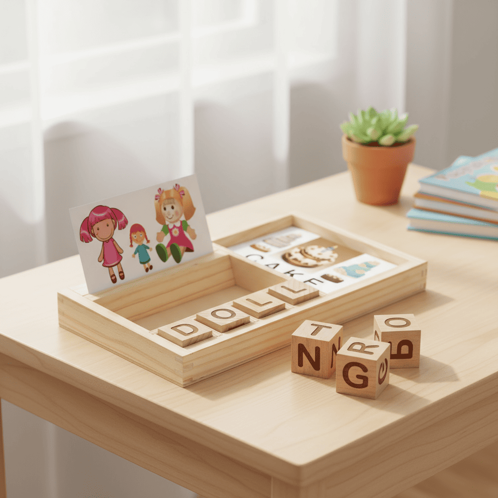 Wooden Spelling Game with Flash Cards for Early Learning